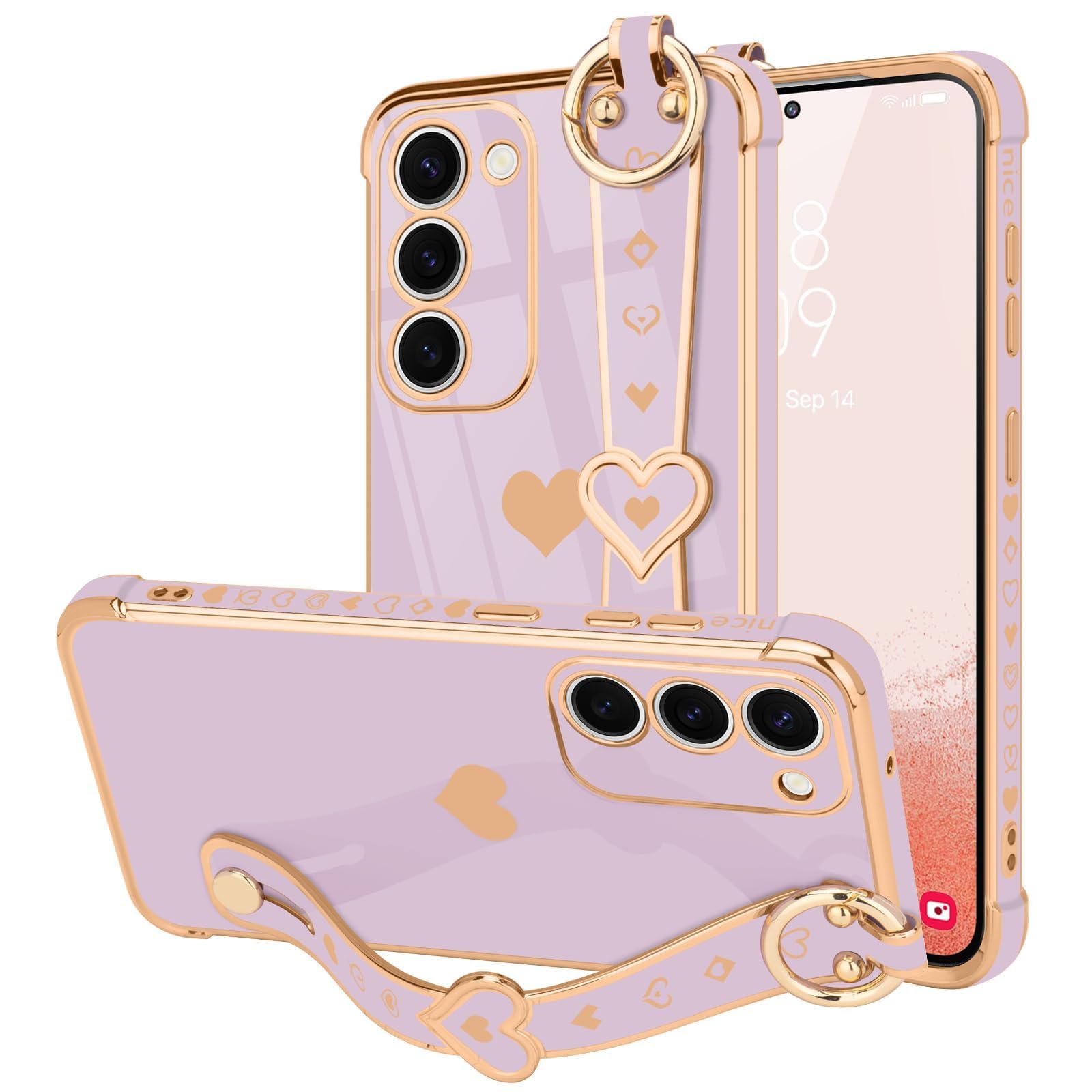 LLZ.COQUE for Samsung Galaxy S22 Plus Case Cute Love-Heart Plating Strap for Women Girls Bling Silicone Camera Protection Bumper Shockproof Phone Case for Samsung Galaxy S22 Plus 5G (6.6'')-Purple