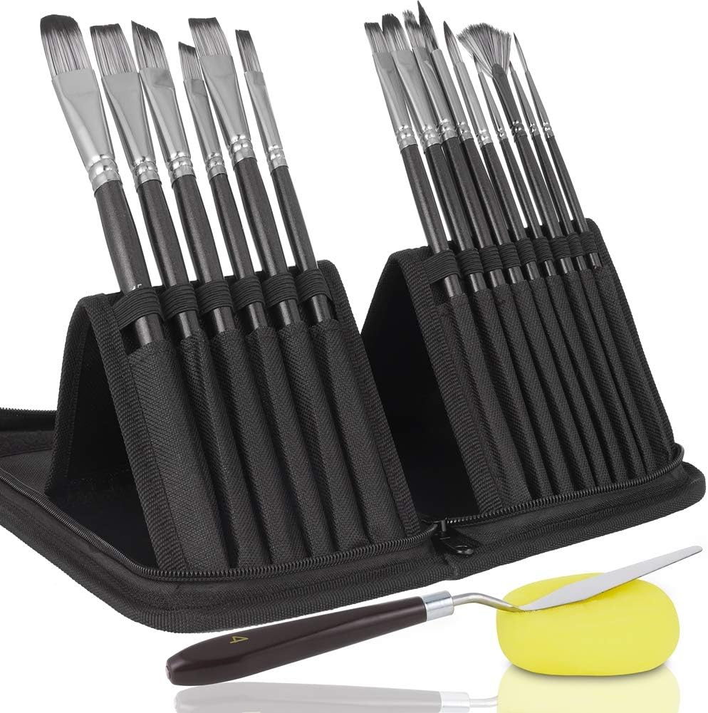 FANCYLEO EU Artist Paint Brush Set,15 Pcs Brush in Different Shapes & Sizes with Carrying case, Spatula and sponges for Acrylic, Oil, Watercolor, Creative Body Paint, Decorating and Gouache Painting