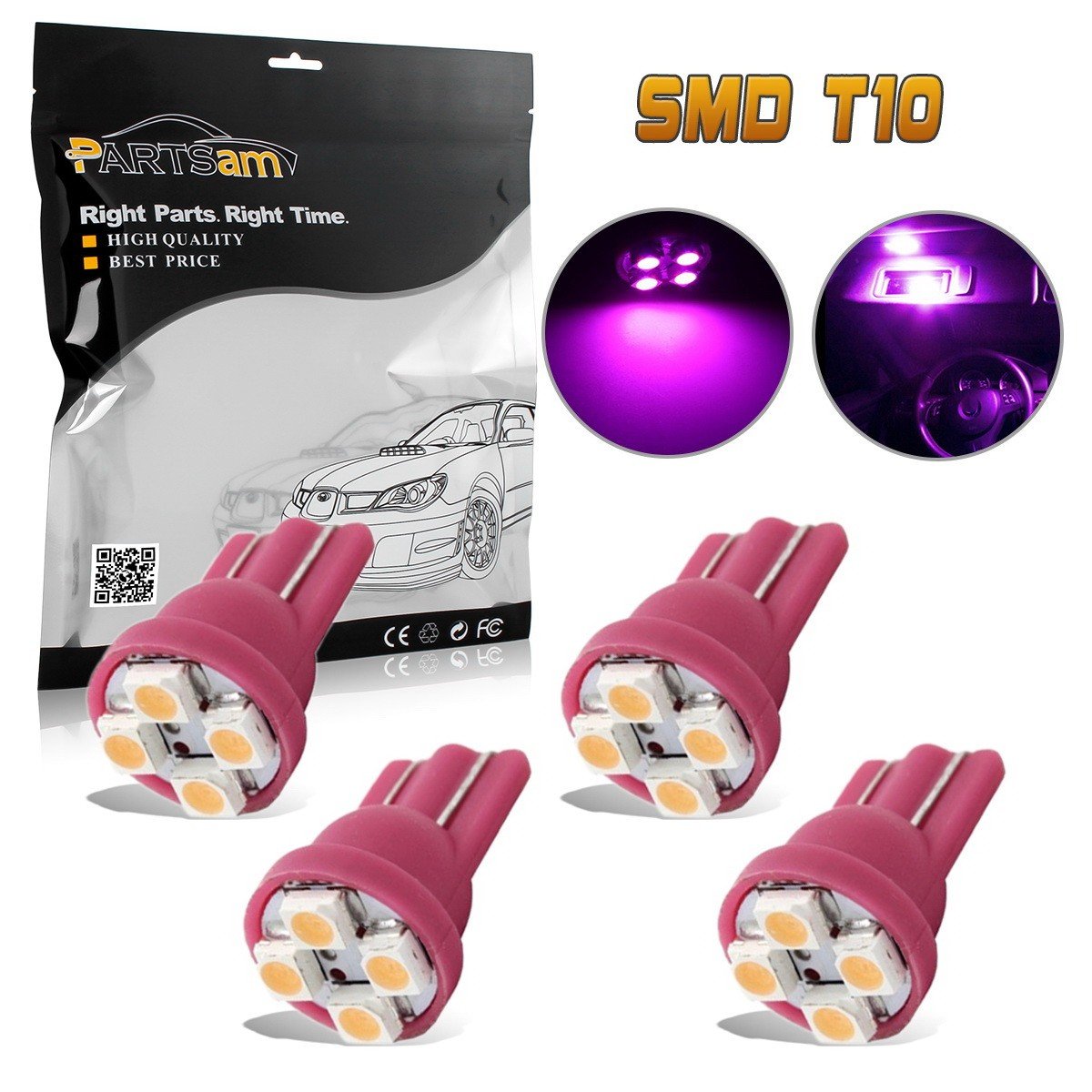 Partsam 4pcs Pink Purple T10 Miniature Wedge PC194 168 W5W LED Light Bulb 4-SMD Instrument Panel Gauge Cluster Dash Lighting Indicator Lamps