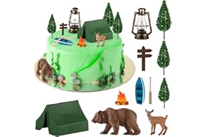 Hooqict 12 Pcs Camping Cake Decorations Set with Mini Tent, Campfire, Tree, Camp Sign, Safari Animals Camping Cake Toppers for Kids Adults Forest Themed Birthday Party Supplies