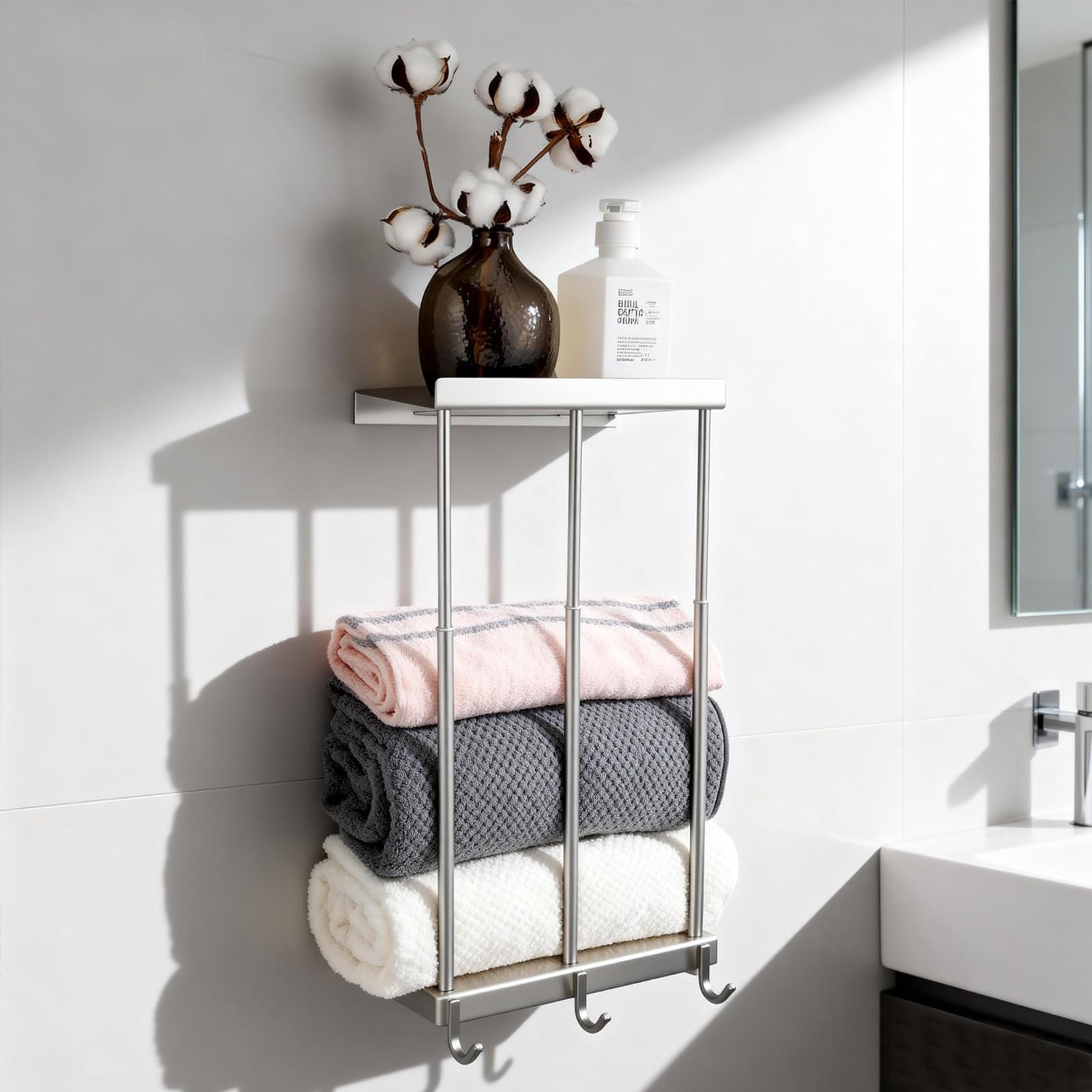 Womamny Towel Rail Wall Mounted, Towel Holders for Bathroom, Telescopic Towel Rack 37-65 cm with Bathroom Shelf and 3 Towel Hooks, Stainless Steel Towel Storage for Bathroom Terrace