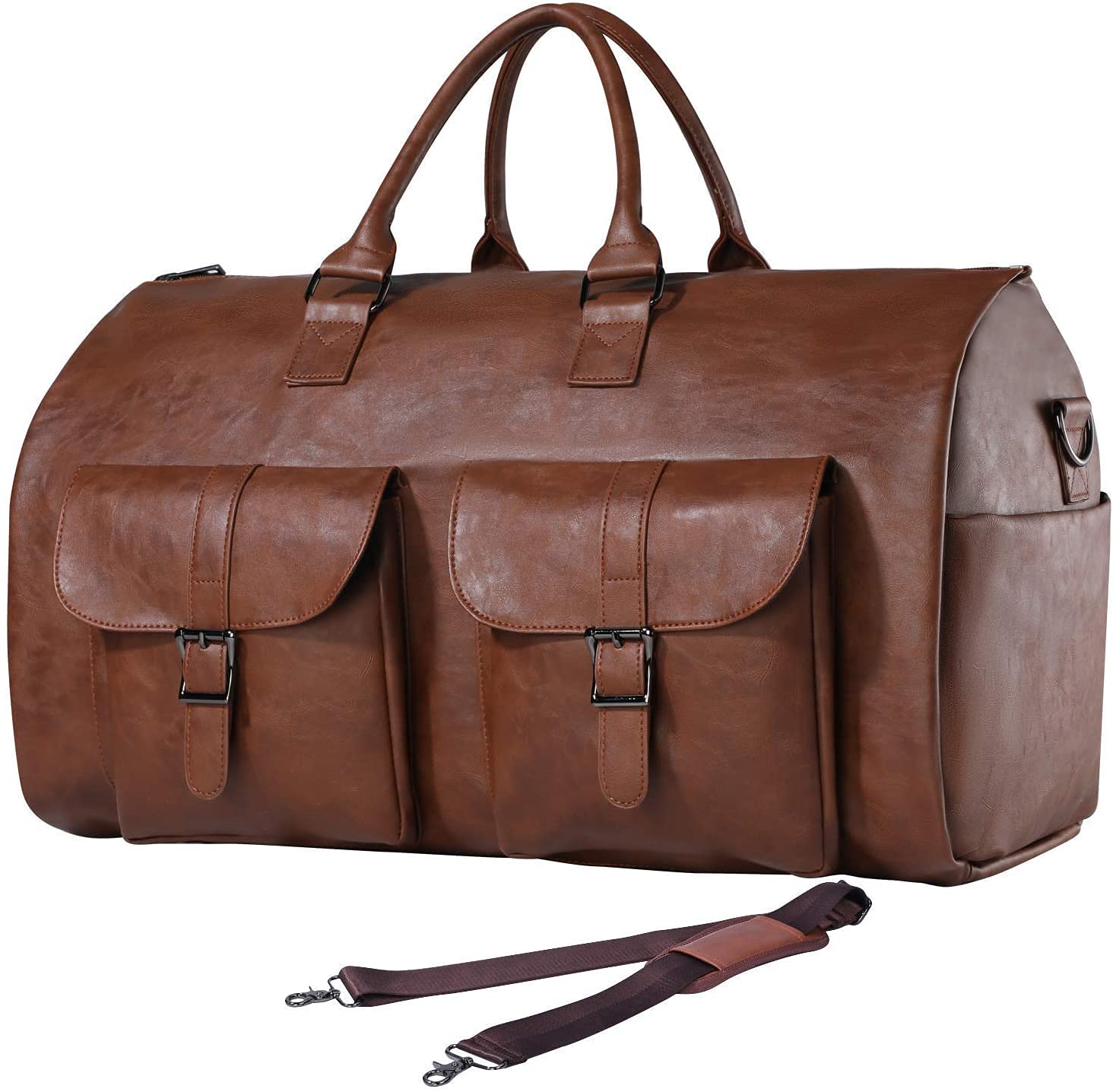 Photo 1 of seyfocnia Carry On Garment Bag, Waterproof Mens Garment Bag for Travel Business, Large Leather Duffel Bag with Shoe Compartment -Brown