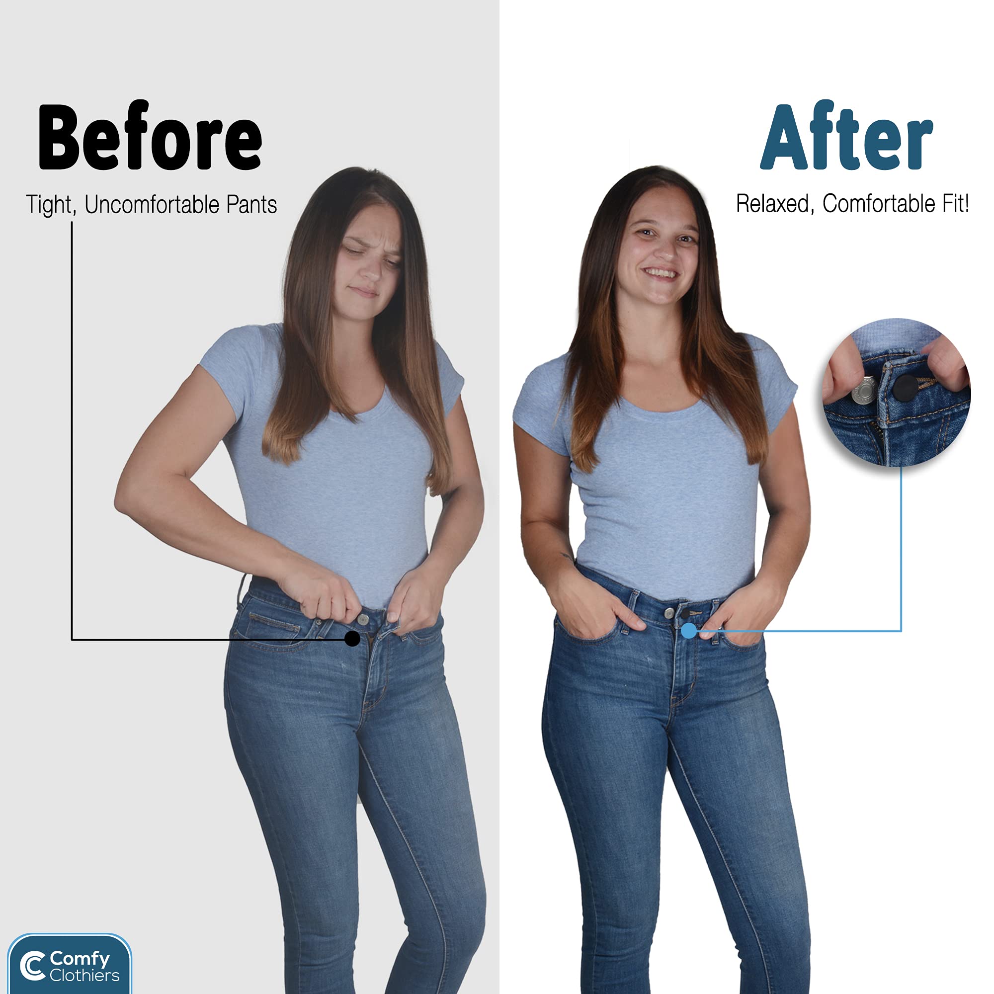 Comfy Clothiers Unisex Flexible Button Waist Extenders (6-Pack, Black) - Adds 1-2 Inches to Pants Waistline - Jeans, Dress Pants, Shorts, Skirts - No Sewing Required - Net Focus