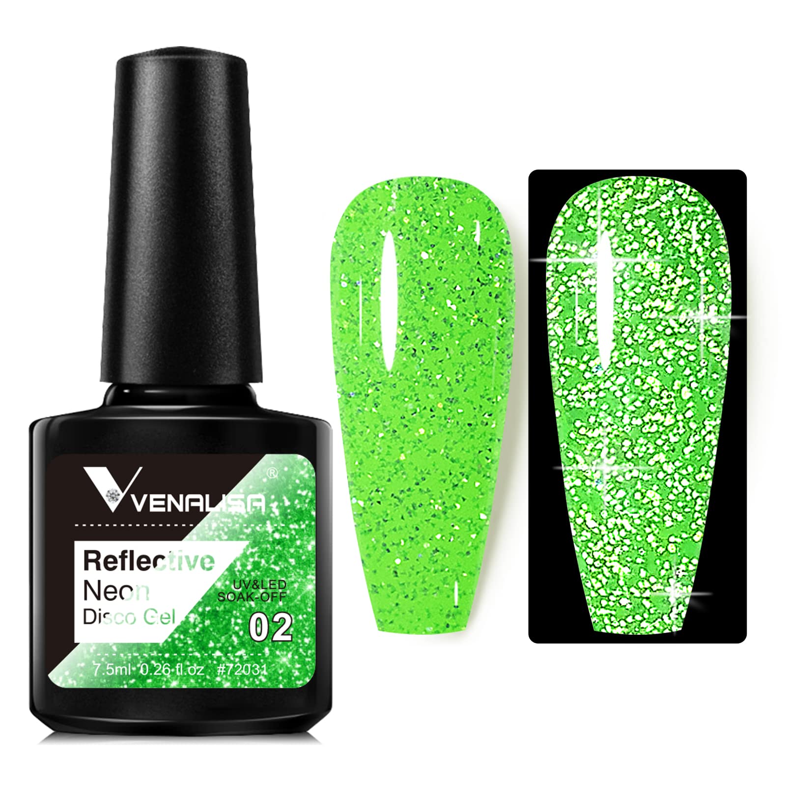 VENALISA Neon Green Reflective Glitter Gel Polish Sparkling Shiny Disco gel Nail Polish Long Lasting soak off Nail Drying Under UV LED Lamp Nail Art Summer Nail Salon Birthday gift
