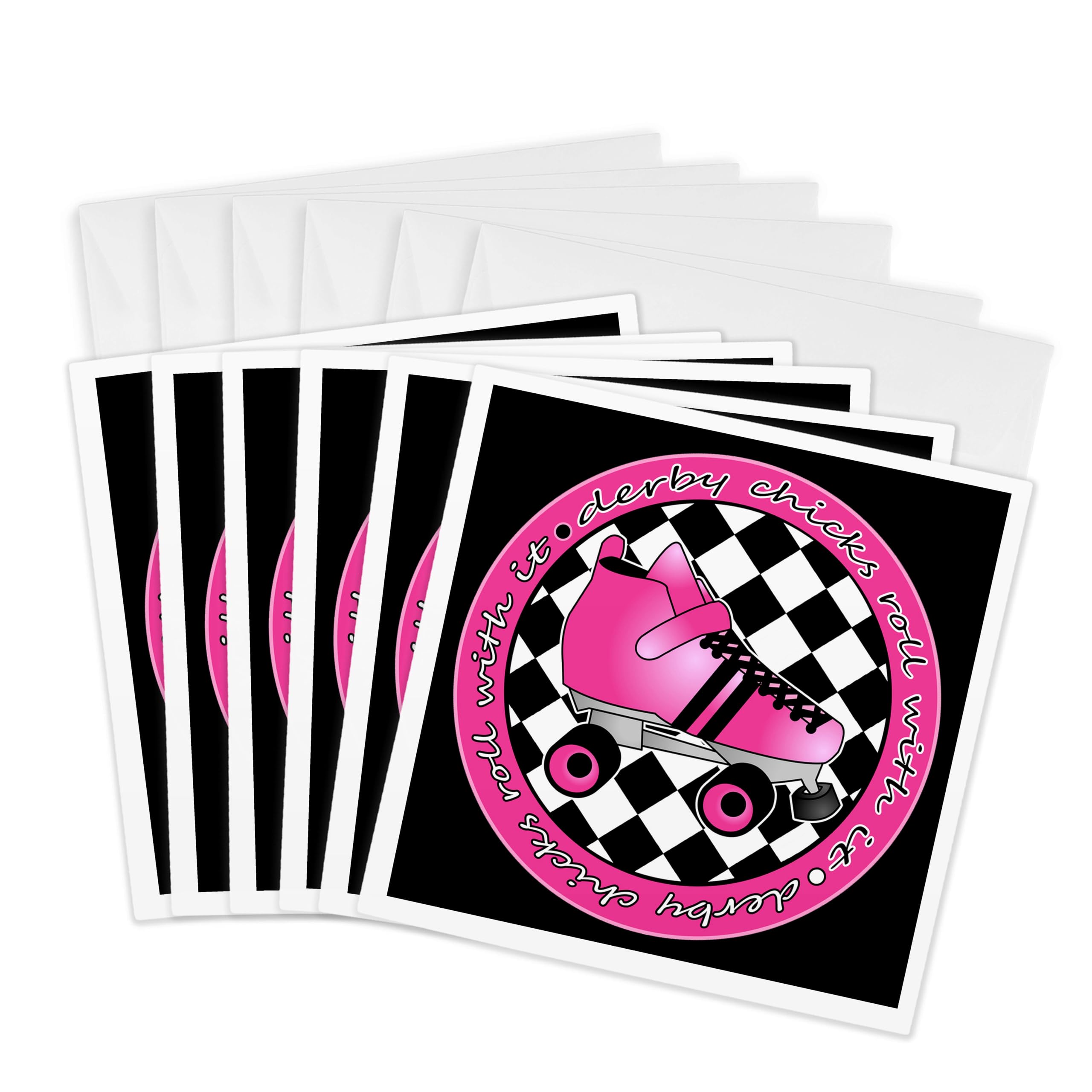 3dRose gc_28519_1 6 x 6-Inch "Derby Chicks Roll with It Hot Pink Roller Skate and Black" Greeting Card (Pack of 6)