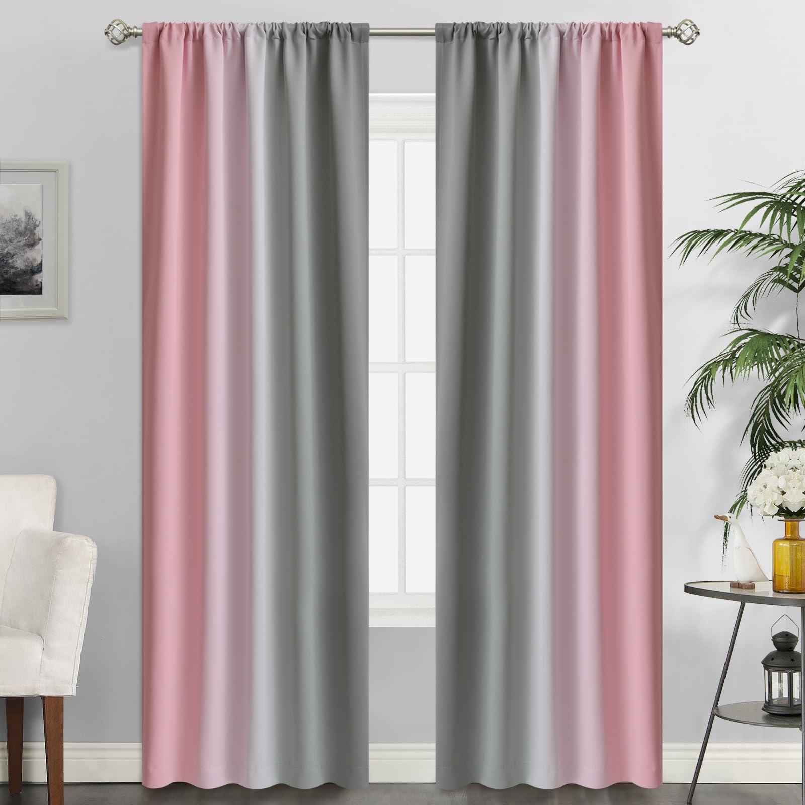 SimpleHome Pink and Grey Ombre Room Darkening Curtains for Bedroom 84 Inches Long, Light Blocking Rod Pocket Curtains for Living Room, Gradient Drapes, 52Wx84L, 2 Panels Image