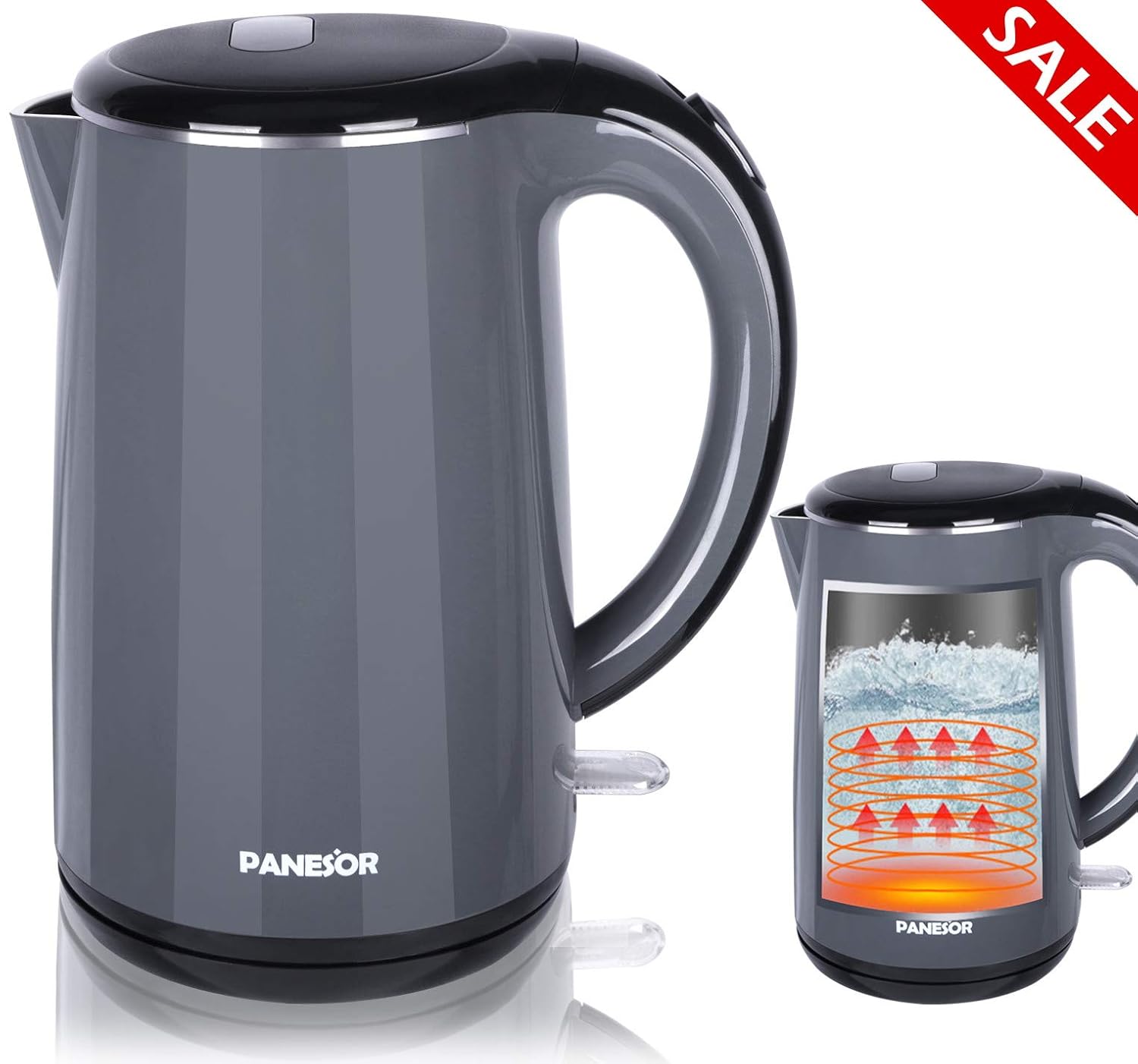 Panesor 1.7L BPA Free Electric Tea Kettle Cordless Stainless Steel, Hot Water Kettle Electric Double Wall Cool Touch (Grey2)