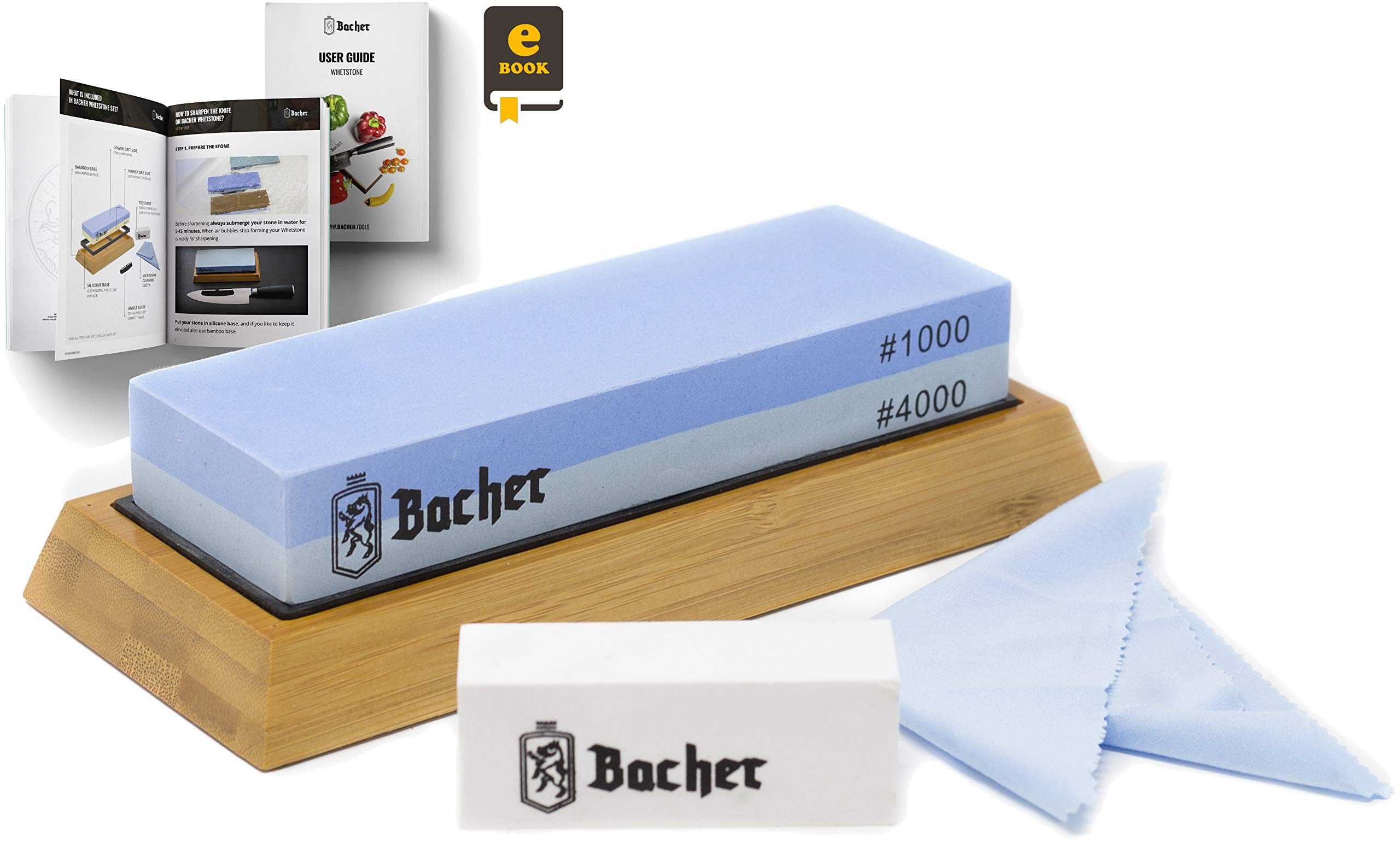 Bacher Premium Sharpening Stone. 2 Side Grit 1000/4000 Whetstone - Knife Sharpener Waterstone with Non-Slip Bamboo Base, Flattening Stone and Detailed eBook Guide