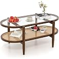 Giantex Set Of 2 Rattan End Tables | Round Tempered Glass Top, Acacia Wood Legs, 2-Tier Storage, Boho Nightstand - View #7