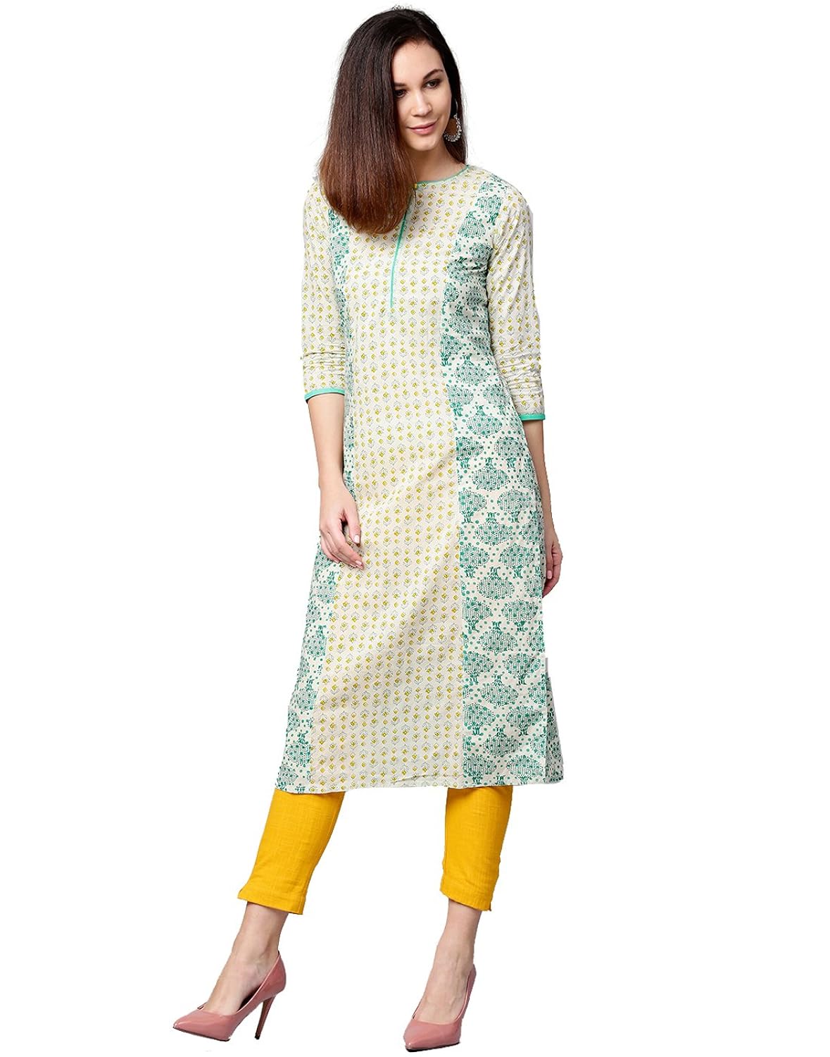 jaipur kurti women off white & yellow ethnic motifs straight cotton kurta with pant