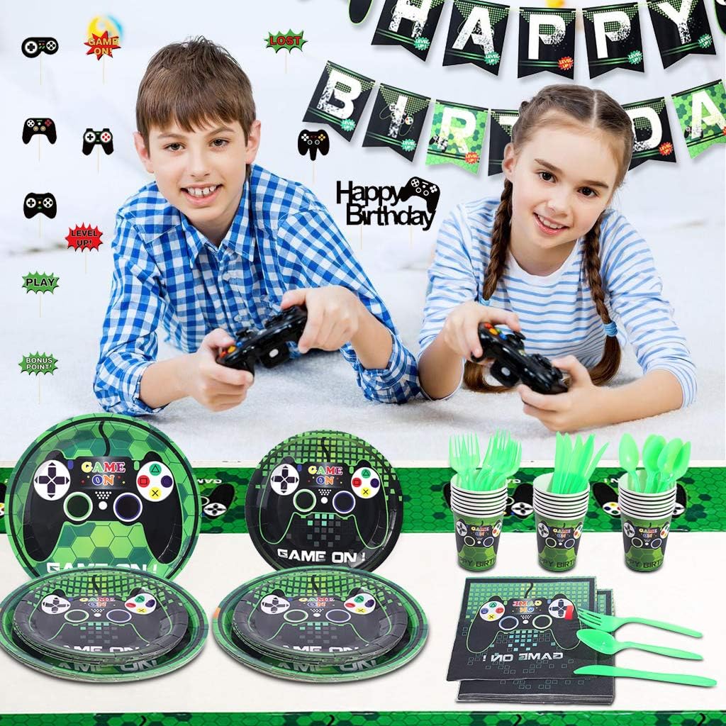 125PCS Video Game Party Supplies, Amycute Boys Video Game Themed Party Supplies Room Decor Set with Birthday Banner, Plates, Cups, Napkins, Tablecloth for Boys Kids Video Game Birthday - Serves 16: Kitchen & Dining
