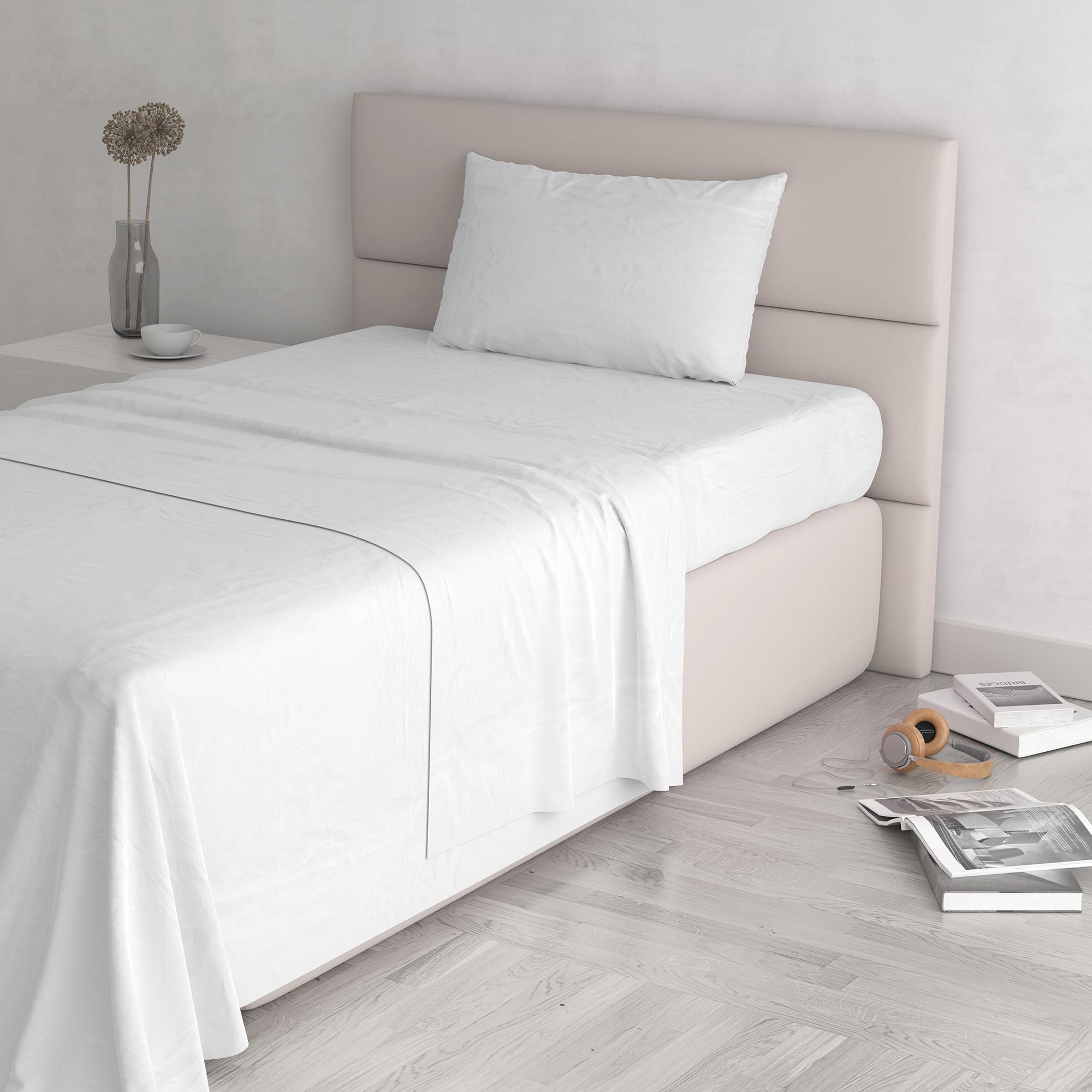 Italian Bed Linen Natural Colour Bed Sheet Set, White/White, Single