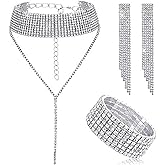 Hicarer 3 Pieces Women Rhinestone Jewelry Set Rhinestone Tassel Choker Necklace Fringe Bracelet Crystal Dangling Earring for Wedding Bridal Party