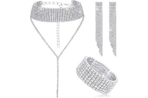Hicarer 3 Pieces Women Rhinestone Jewelry Set Rhinestone Tassel Choker Necklace Fringe Bracelet Crystal Dangling Earring for Wedding Bridal Party