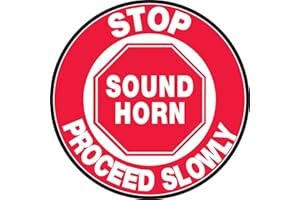 AccuformNMC Floor Sign "Stop Sound Horn Proceed Slowly" Forklift Sign, 17" Diameter Non-Slip Adhesive Vinyl Forklift Sign, Red and White, Made in the USA, MFS705