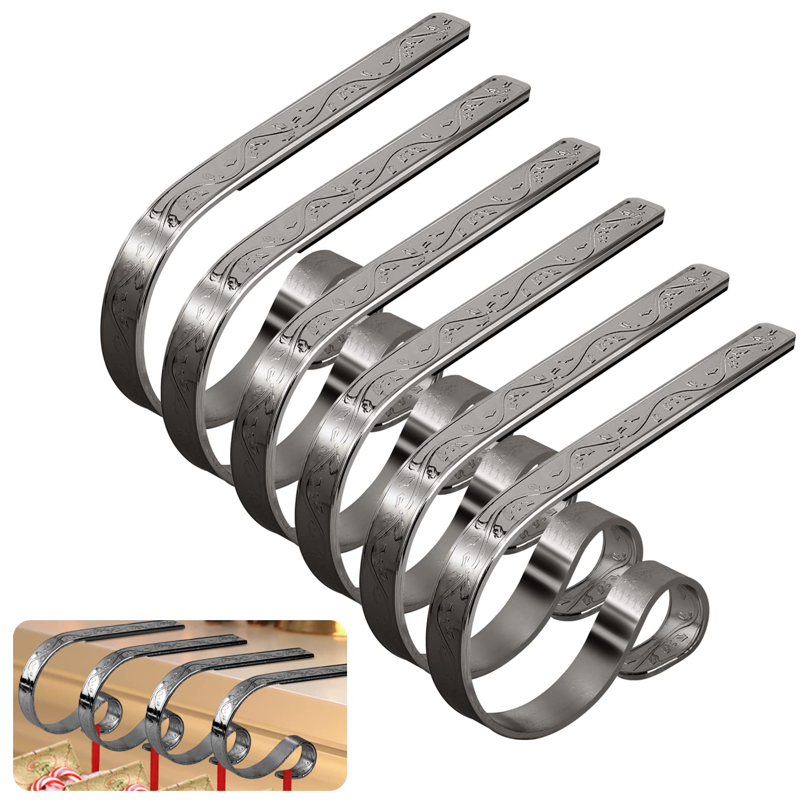 Photo 1 of Fovths 6 Pieces Christmas Stocking Holders with Holly Leaves Metal Stocking Hangers Xmas Hanging Hooks Fireplace Hanger Grip for Christmas Decoration, Black