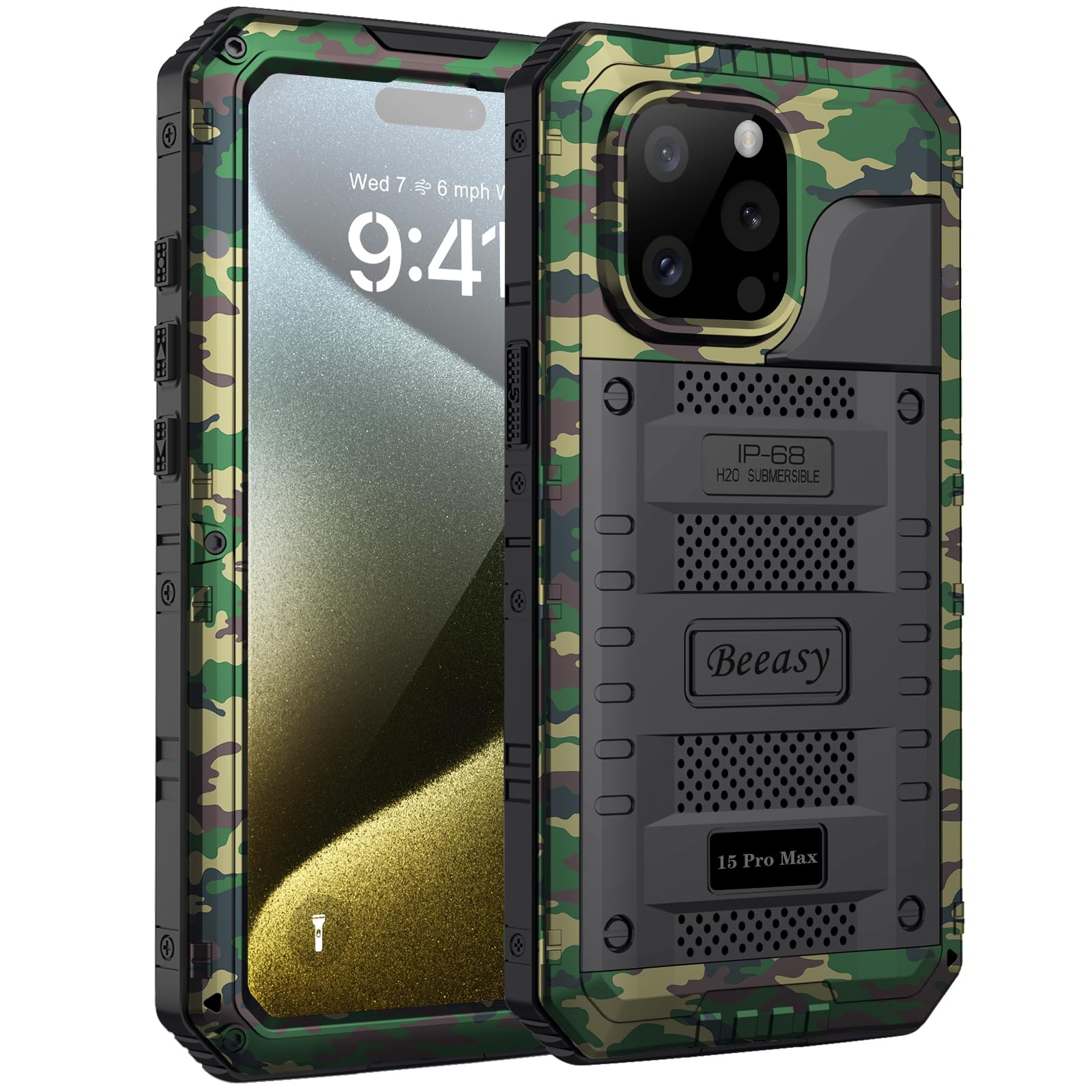 Beeasy for iPhone 15 Pro Max Case Waterproof Heavy Duty Tough Metal Armour Cover Shockproof Dustproof Built-in Screen Protector, Robust Full Body Protective Military Rugged Case for 15 Pro Max, Camo