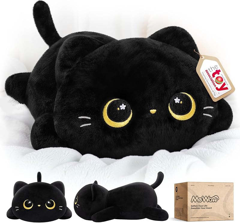 Mewaii Cute Black Cat Plush Pillow Kawaii Squishy Plush Toy 13in