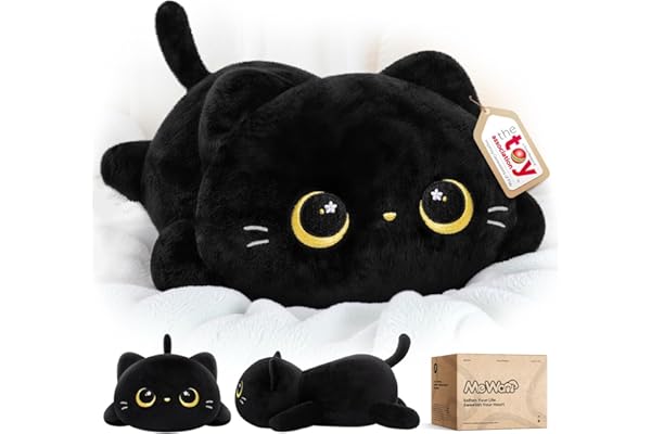 Mewaii Cute Black Cat Plush Pillow, Kawaii Plushies Black Cat Stuffed Animals, Squishy Plushies, Cuddle Plush Pillow for Kids