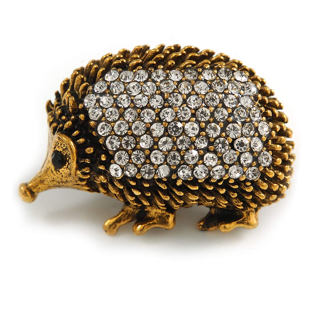 Vintage Inspired Crystal Hedgehog Brooch In Aged Gold Tone Metal - 35mm Across