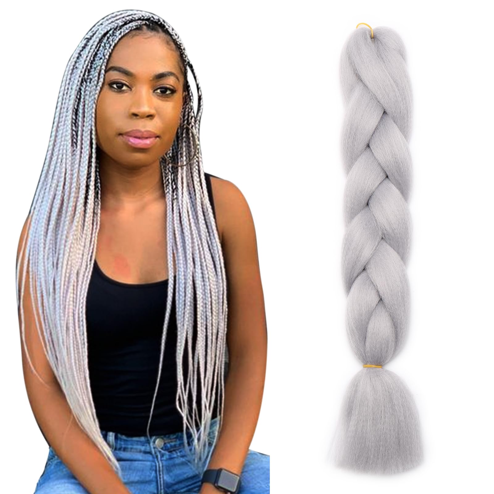 Ombre 4 Tones Braiding Hair Extensions Jumbo Braids Hair Extension Jumbo Braiding for Twist Braiding 24",1 Bundles - Silver Grey