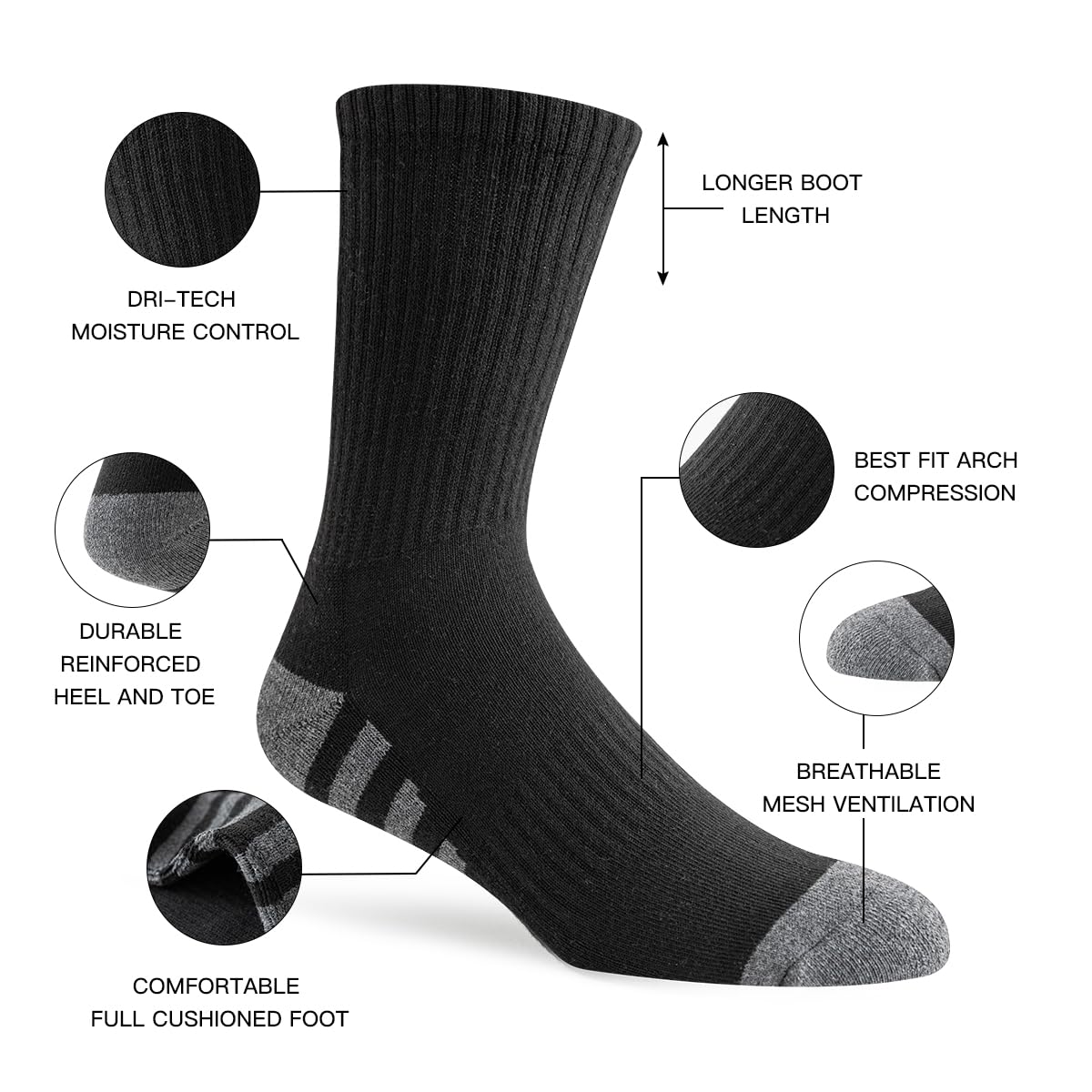 JOYNÉE 8 Pairs Mens Crew Work Cushion Socks Long Athletic Running Socks Workout Breathable Socks
