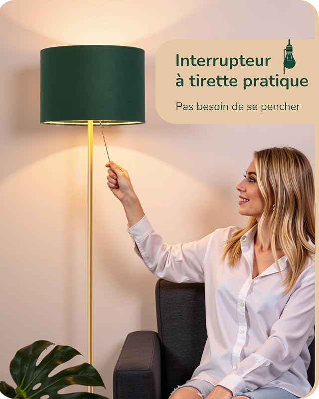 Lampadaire Salon, Abat-Jour en Velours, Vert & Doré