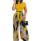 HBQ Women 2 Piece Outfits Short Sleeve Top and Flowy Flare Pants Lounge Sets Tracksuit-M-Yellow Print