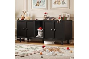 ONBRILL 59 Inches Cat Litter Box Enclosure for 2 Cats, Hidden Litter Boxes Furniture with Cat Scratch Pad, Large Indoor Pet House with Double Room, Wooden TV Stand Side Table, Black