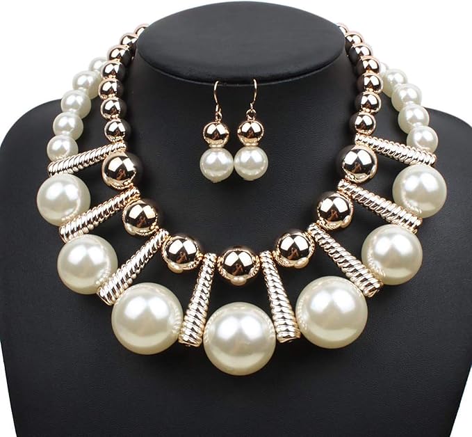 Large Big Imitation Pearl Choker Necklace Set Resin Chain Collar Choker Statement Necklace
