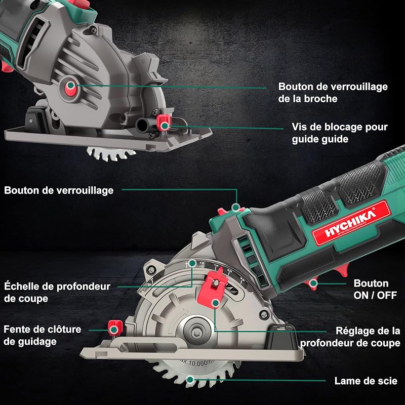 HYCHIKA 500W Mini Scie Circulaire, 4500RPM, Profondeur de coupe: 0-25mm, Moteur en Cuivre Pur, 3 Lames pour les coupes de bois, de métal mou, de carreaux et de plastique