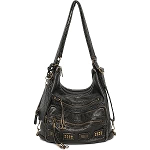 Y2K Vintage Hobo Bag for Women, Vegan Leather Shoulder Purse, Vintage Black | Distressed look, fits 12-inch laptop, multi-poc