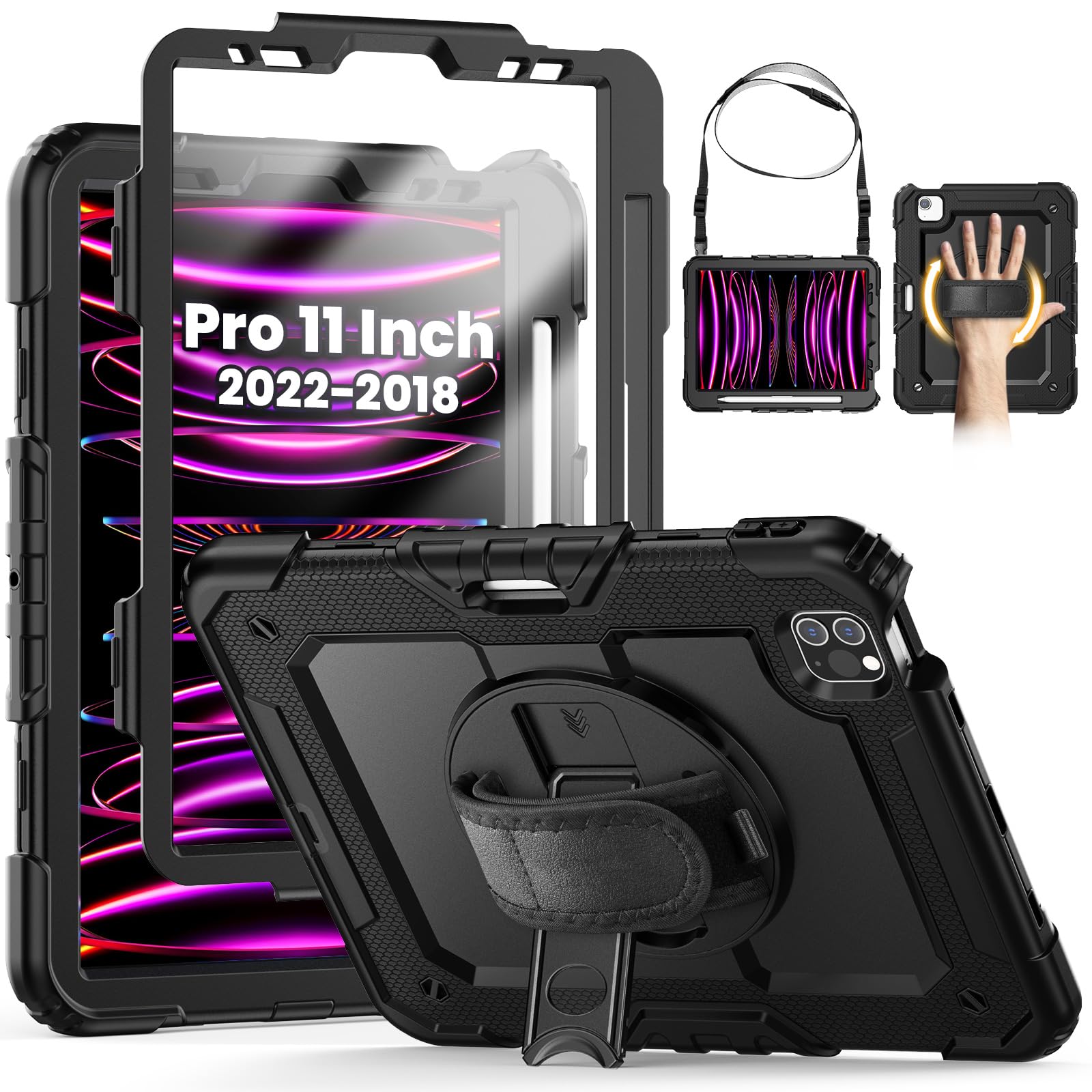 SEYMCY Case for iPad Pro 11 Inch 2022/2021/2020/2018 (NOT Fit 2024 Released Version), Full-body Shockproof with Rotating Stand & Hand Strap, Screen Protector, Pencil Holder, Carrying Strap, Black