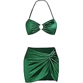 Ruched 3 Piece Swimsuits for Women Ribbed Velvet Bikini Sets with Sarong Coverup Metal Ring Bathing Suit