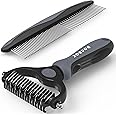 Docrok Pet Grooming Brush and Metal Comb Combo, Cat Brush Dog Brush for Shedding, Undercoat Rake for Dogs Grooming, Dematting Deshedding Brush Dogs Shedding Tool for Long matted Haired Pets, Gray
