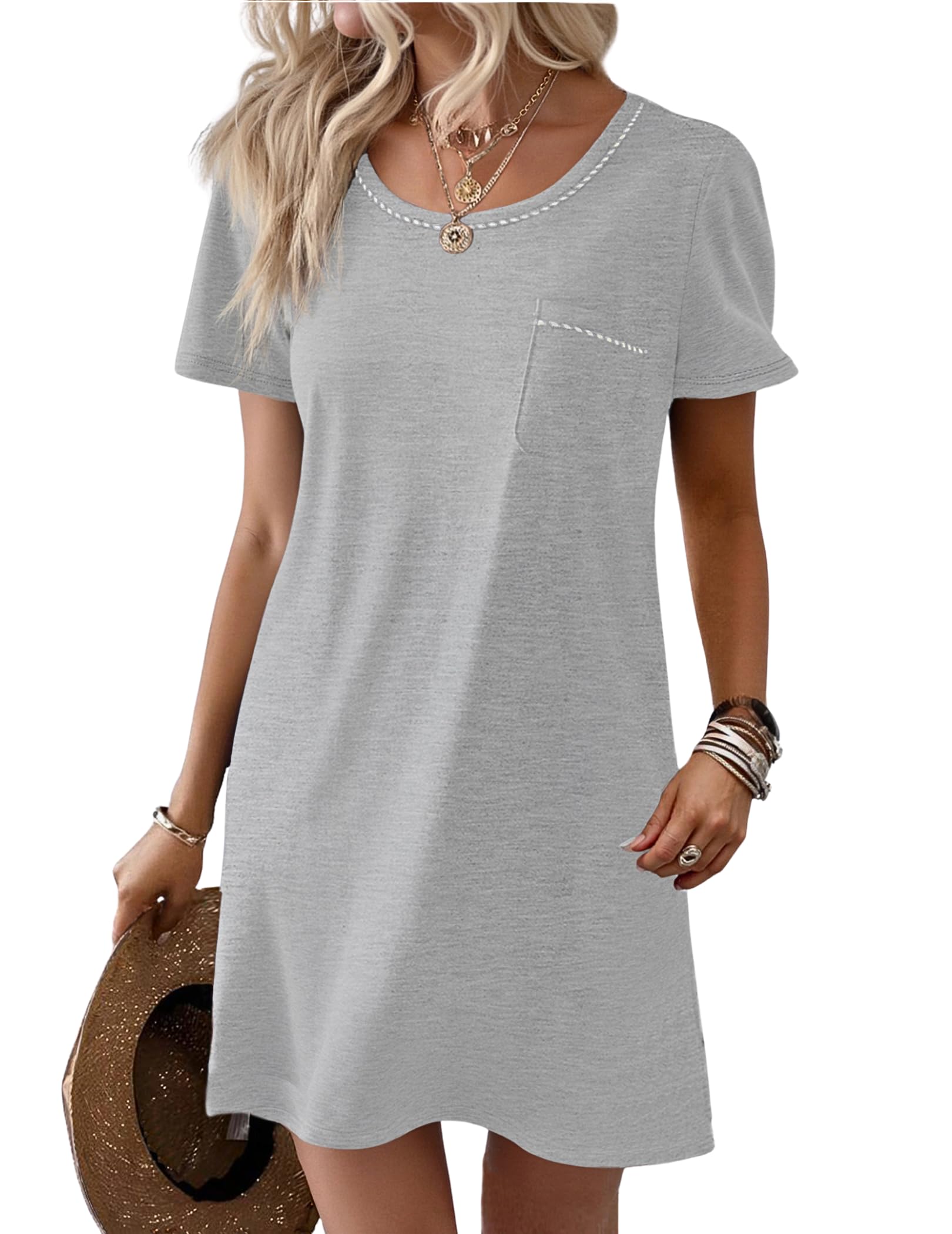 Ekouaer Womens Nightgown Cotton Nightshirts Short Sleeve Sleep Shirt with Chest Pocket Crewneck Nightdress, Light Grey, L