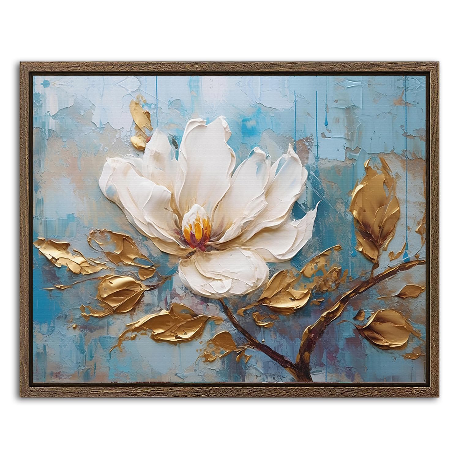 Abstract White Flower Canvas Wall Art for Living Room Gold Leaves Blue White Floral Canvas Prints Picture Vintage Peony Flowers Paintings Minimalist Framed Artwork for Bathroom Home Decoration 20x25cm