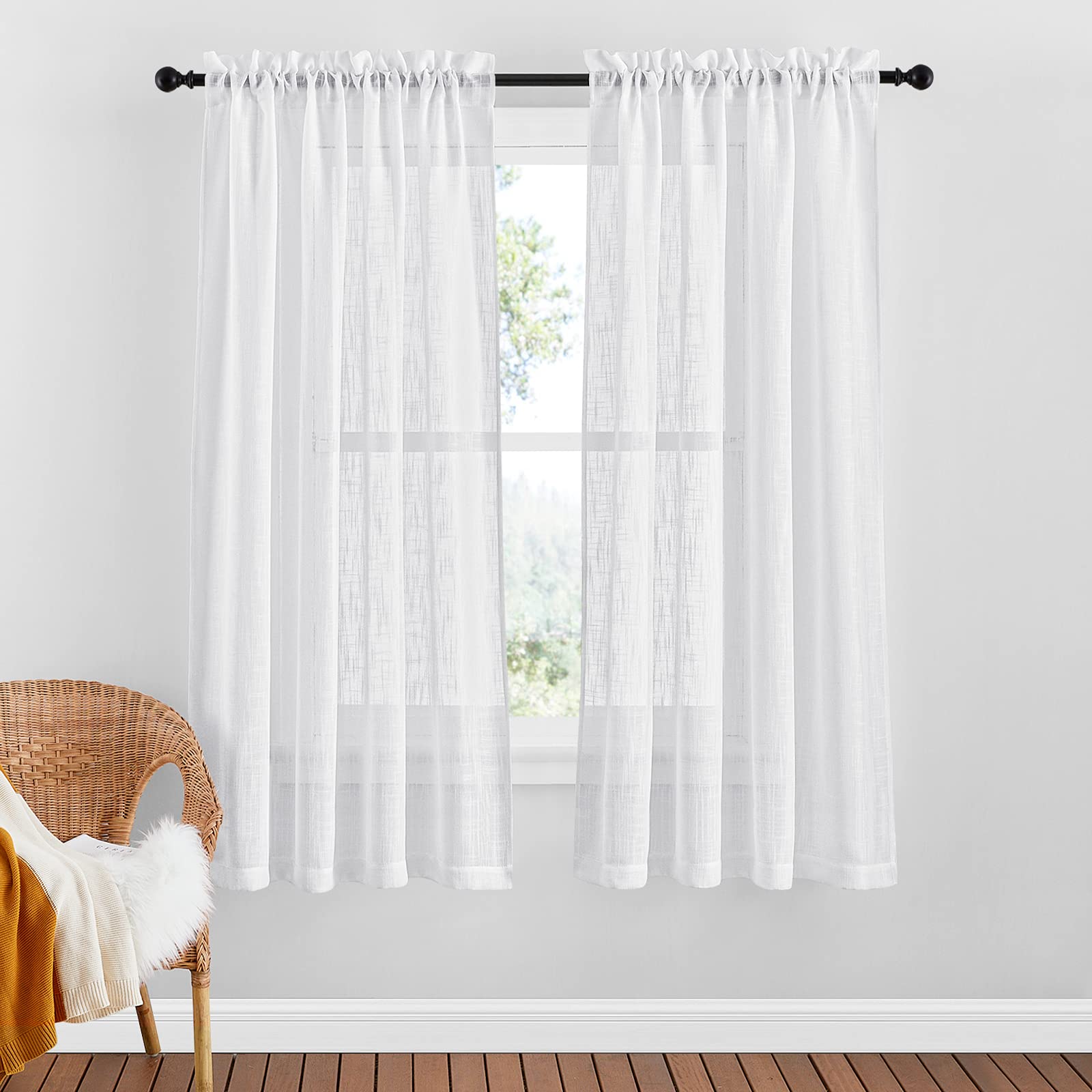 PONY DANCE White Sheer Curtains for Bedroom - Linen Look Net Curtain Thick Voile Fabric Light Filtering Slot Top Semi Curtain Panels for Nursery Room, 1 Pair, W 52 inch x D 63 inch