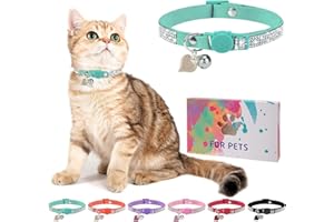 DILLYBUD Rhinestone Cat Collar Breakaway with Bell, Diamond Cat Collar with Safety Buckle Quick Release for Girl Boy Small Kitten Pets Puppy,Cute Soft Female Male Cat Collars, Color Green 8-12"