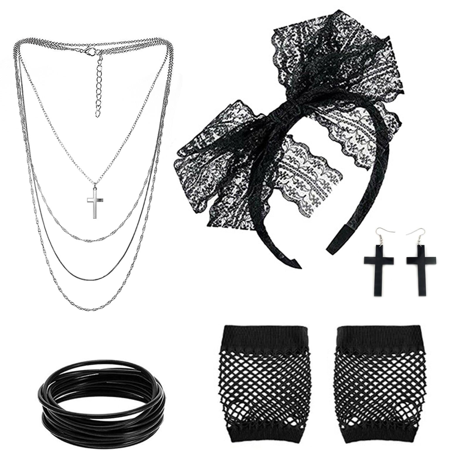 VIKSAUN 80s Retro Costume Set, Prom Accessories, Fancy Outfit with Lace Headband, Earrings, Fishnet Gloves, Necklace, Bracelet for 80s Party