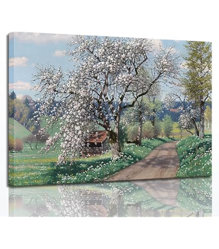Aurionix Wandbild „Weiße & Indigo Landschaft“ – Handgemaltes Leinwandbild 100x50 Cm, Fertig Gerahmt