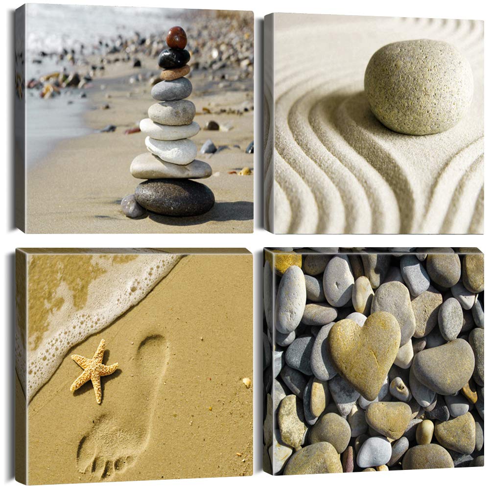 Artscope 4 Pieces Wall Art Canvas Prints - Seaside and Stones Picture Painting- Modern Wall Artwork Framed for Bathroom Home Office Decor - 30 x 30 CM