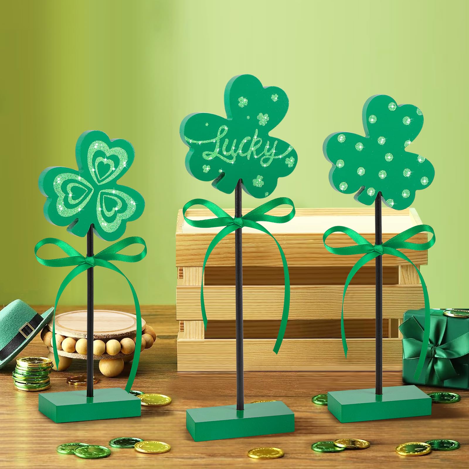 Photo 1 of 3 Pieces St. Patrick's Day Table Decorations Wooden Set, Irish-themed Green Lucky Shamrocks St. Patrick's Tiered Tray Decor for Home Party Room (Shamrock)