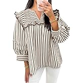Cicy Bell Womens Striped Babydoll Tops Ruffle V Neck Puff Sleeve Blouses Loose Fit Cute Flowy Shirts