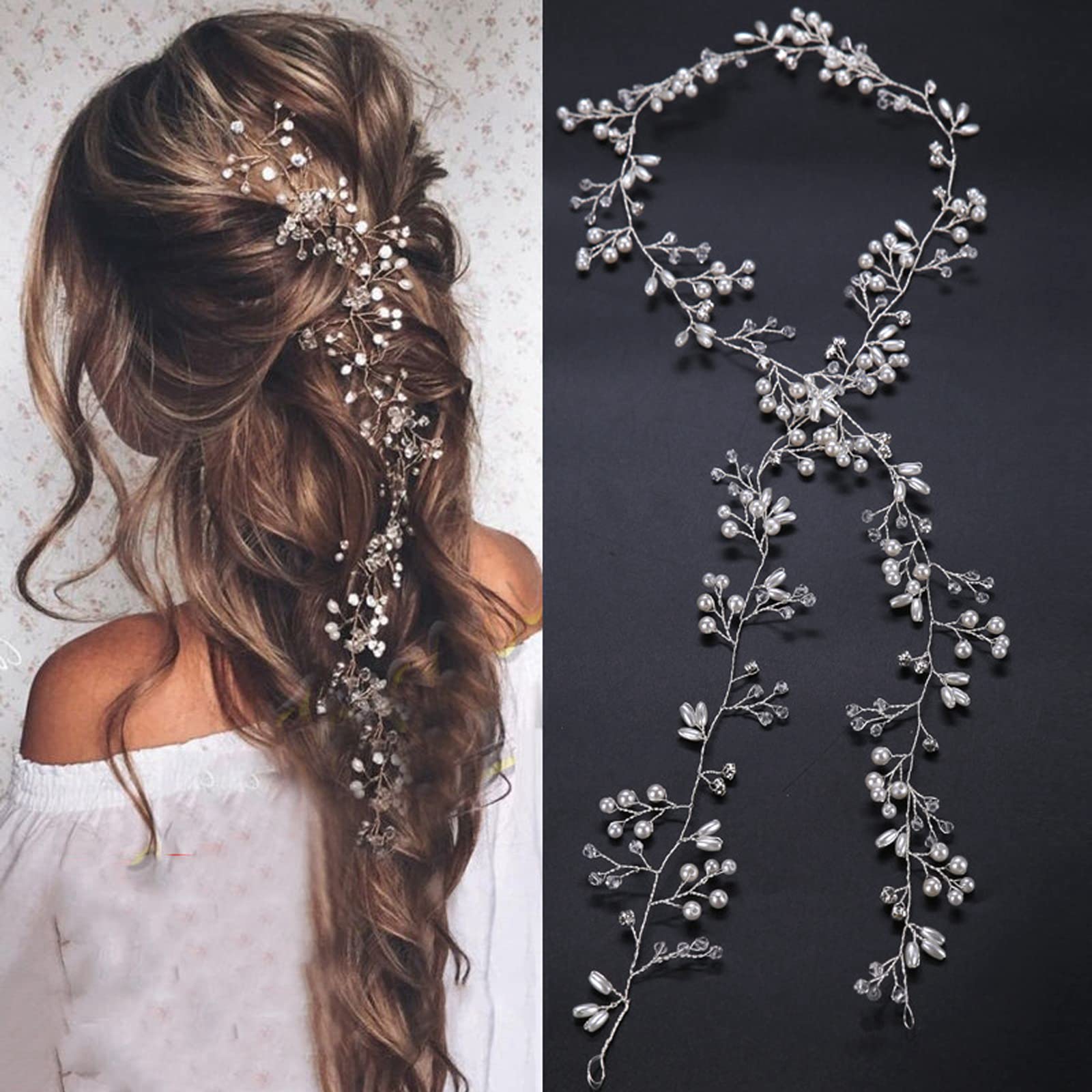 Wedding Hair Accessories for Women - Pearl Headband for Bride & Bridesmaid, Flowergirls - 100 cm Silver