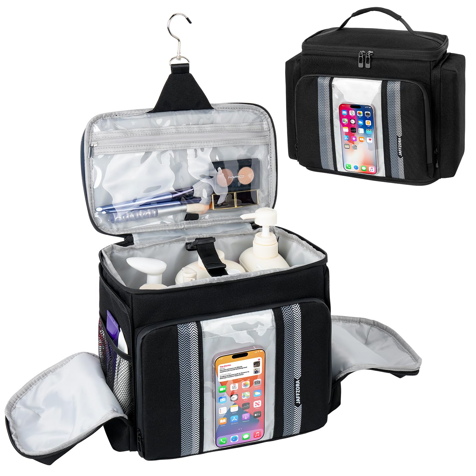 Portable Shower Caddy (Full Size Bottle Compatible),Travel Shower Tote Bag with Quick Dry Mesh Base,Hanging Toiletry Cosmetic Bag for Gym,College,Camping & Dorm, Black