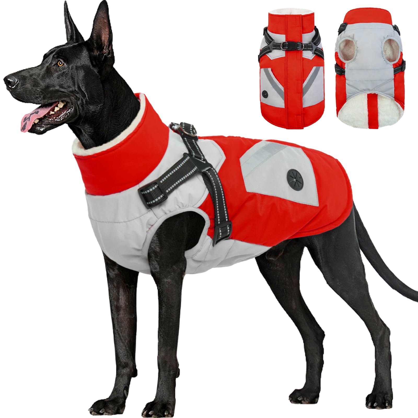 FUAMEY Dog Winter Jackets for Large Dogs,Dog Coat with Harness Built in,Waterproof Dogs Snowsuits Warm Pet Jacket Zip Up Fleece Cold Weather Coats Reflective Puppy Vest with Pocket Red 2XL Image