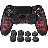 YoRHa Laser Carving Silicone Skin for PS4 Controller x 1(Skulls Red) with Exclusive Thumb Grips x 8