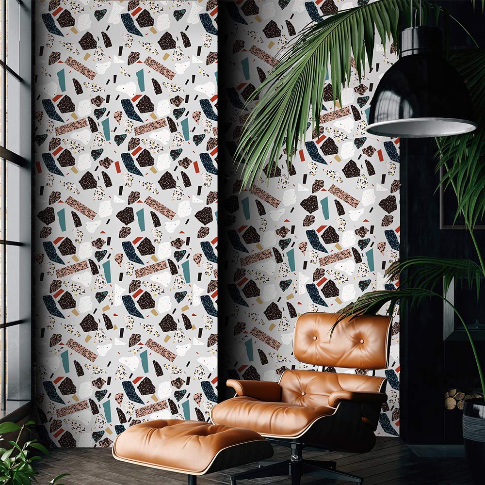 Terrazzo Effect Self Adhesive Furniture Stickers, Table Sticker, Panels Sticker, Living Room Bedroom Peel and Stick Vinyl Wallpaper/Floor Wall Sticker, Grey Colorful Terrazzo Color