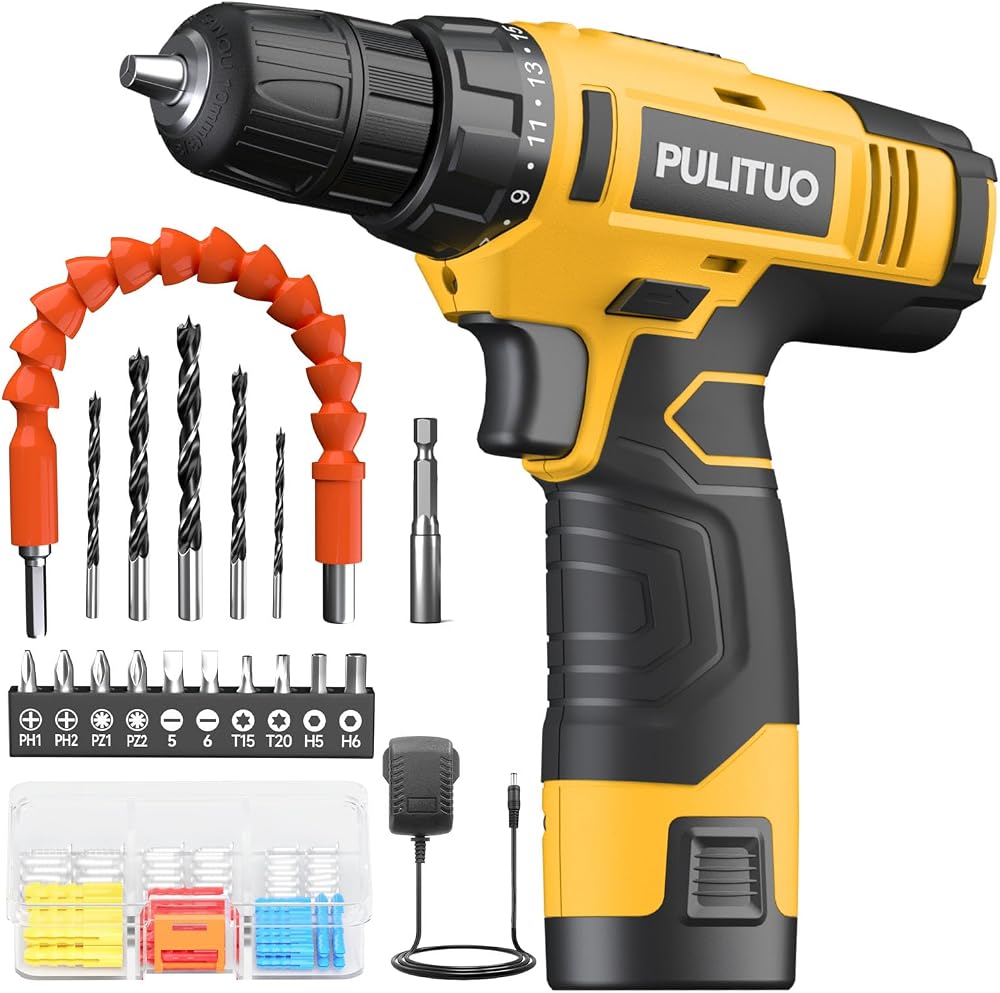 PULITUO 12V Cordless Drill Kit 21+1 Torque 3/8 In Keyless Chuck LED Light